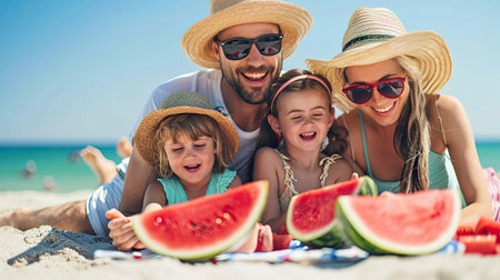 Family, leisure and people concept - happy mother, father and two daughters having picnic on summer beach and eating watermelon.の素材