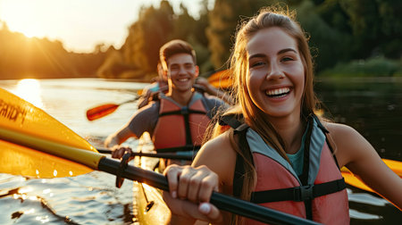Happy young caucasian group of friends kayaking on river with sunset in the backgrounds. Having fun in leisure activity. Happy male and female model laughing on the kayak. Sport, relations concept.の素材