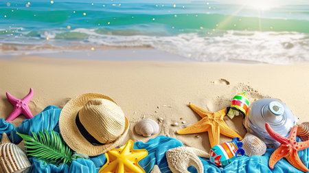 Summer travel and beach holiday background. Straw hat with a exotic cocktail and sunglasses Beach Sea travel accessories for photograph on sand beach background. Travel , Vocation , relaxation concept.の素材