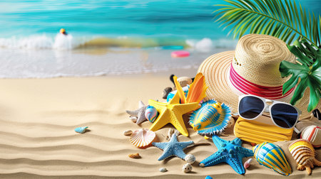 Summer travel and beach holiday background. Straw hat with a exotic cocktail and sunglasses Beach Sea travel accessories for photograph on sand beach background. Travel , Vocation , relaxation concept.の素材