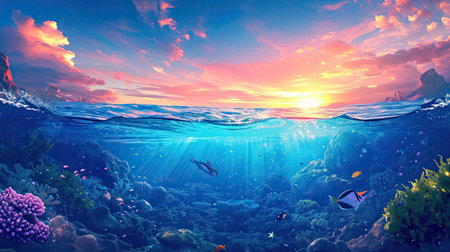 Long banner with underwater world and vivid sunset sky. Transparent deep water of the ocean or sea with rocks, fish and plants.の素材