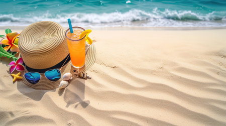 Straw hat with a exotic cocktail and sunglasses Beach Sea travel accessories for photograph on sand beach background. Travel , Vocation , relaxation concept.の素材