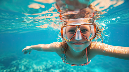 Portrait of happy little girl with snorkeling equipment underwater sea.の素材