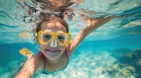 Portrait of happy little girl with snorkeling equipment underwater sea.の素材