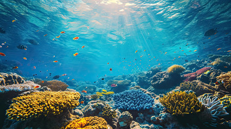 Long banner with underwater world and vivid sunset sky. Transparent deep water of the ocean or sea with rocks, fish and plants.の素材