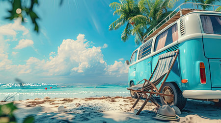 Ready for summer travel. Blue van with deck chair and beach accessory. Travel , Vocation , relaxation concept.の素材