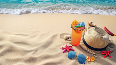 Straw hat with a exotic cocktail and sunglasses Beach Sea travel accessories for photograph on sand beach background. Travel , Vocation , relaxation concept.の素材