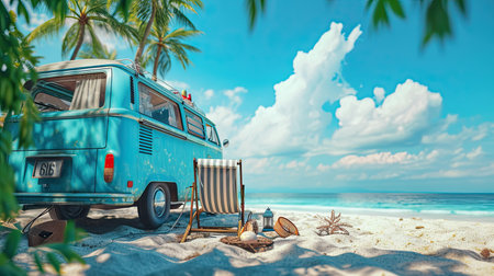 Ready for summer travel. Blue van with deck chair and beach accessory. Travel , Vocation , relaxation concept.の素材