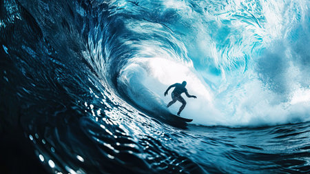 Surfer cuts a huge wave on the board, blue water tunnel.の素材