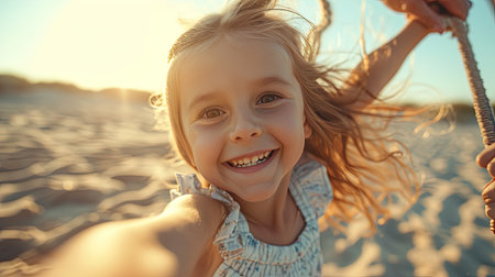 Girl child, spin and pov by ocean, portrait and smile for game, holding hands or speed in summer. Young female kid, parent and swing in air, sand or happy for family bonding, love or care in sunshine.の素材