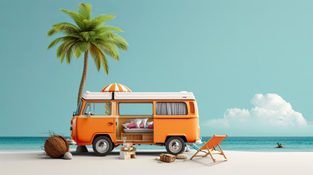 Ready for summer travel. Blue van with deck chair and beach accessory. Travel , Vocation , relaxation concept.の素材