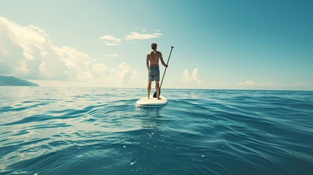 Stand up paddle boarding. Young man floating on a SUP board. The adventure of the sea with blue water on a surfing.の素材