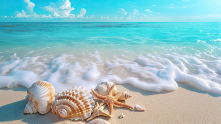 Starfish and seashells on seashore - beach holiday background.の素材