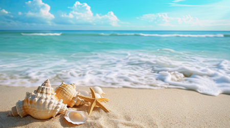 Starfish and seashells on seashore - beach holiday background.の素材