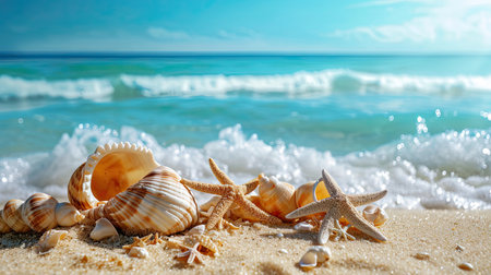 Starfish and seashells on seashore - beach holiday background.の素材