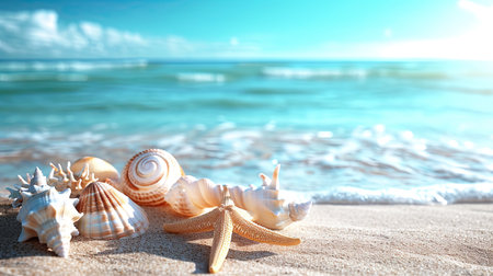 Starfish and seashells on seashore - beach holiday background.の素材