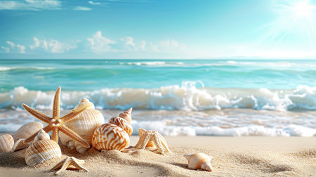 Starfish and seashells on seashore - beach holiday background.の素材