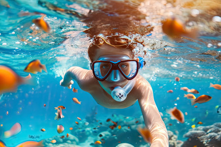 Happy family - active kid in snorkeling mask dive underwater, see tropical fishes in coral reef sea pool. Travel adventure, swimming activity on summer beach vacation with child.の素材