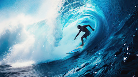 Surfer cuts a huge wave on the board, blue water tunnel.の素材