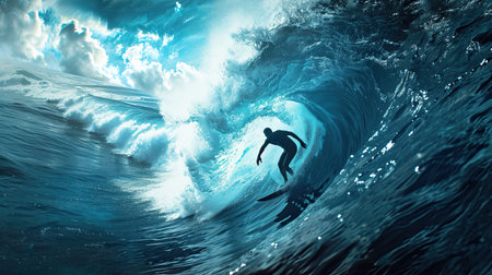 Surfer cuts a huge wave on the board, blue water tunnel.の素材