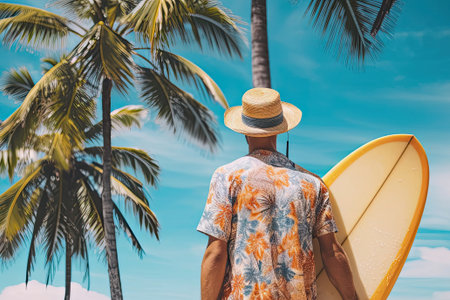 Traveler man having a happy surf vacation in the tropical coast with palm trees , sport extreme , travel , vocation , holiday concept.の素材