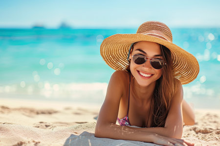 Summer vacation, happy relaxing young woman in bikini and straw hat lying on sand on the beach on sea background.の素材