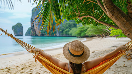 Traveler asian woman relax in hammock on summer beach Thailand. Summer, woman and bikini body at the beach for vacation, happiness and freedom by the water.の素材