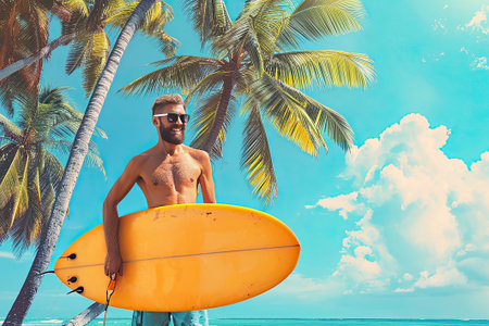 Traveler man having a happy surf vacation in the tropical coast with palm trees , sport extreme , travel , vocation , holiday concept.の素材