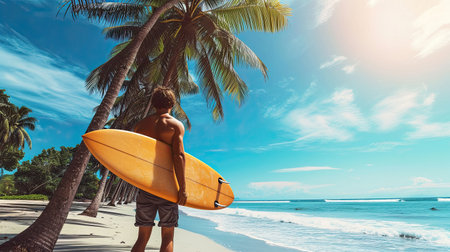 Traveler man having a happy surf vacation in the tropical coast with palm trees , sport extreme , travel , vocation , holiday concept.の素材