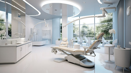 Generative AI picture of equipped dental clinic with a modern seat and tools dentist specialist concept.の素材