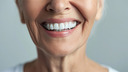 Cropped image of smiling Elderly people with white teeth isolated on grey background. Dentis concept. Ai generative.の素材