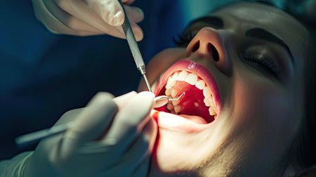 Dentist examining a patient's teeth in the dentist.の素材