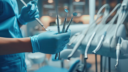 Detail of hand holding dental tools in dental clinic.の素材
