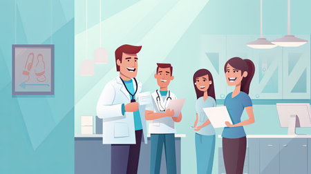 Medical dentist team in dental office discuss about practice and examining list of patients.の素材
