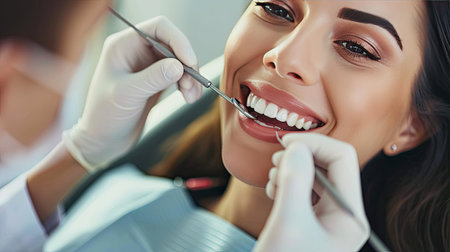 Smiling woman getting her teeth checked during dental appointment at dentist's office.の素材