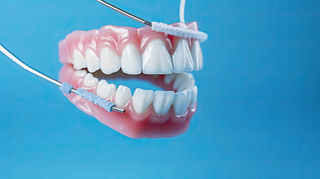 Model of a jaw with dental floss on a blue background close-up. Oral care concept.の素材