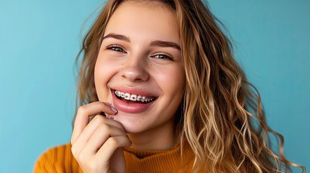 Woman smiling with teeth braces dental concept.の素材