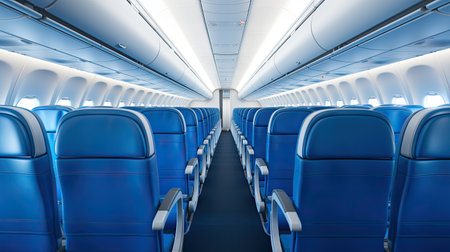Interior of empty ready to fly airliner cabin with rows of seats.の素材