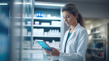 Medicine, tablet screen and pharmacy woman reading product, bottle or medical stock. Mockup space, top view and mature pharmacist check clinic database for supplements, healthcare or antibiotic info.の素材