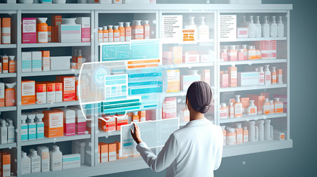 Medicine, tablet screen and pharmacy woman reading product, bottle or medical stock. Mockup space, top view and mature pharmacist check clinic database for supplements, healthcare or antibiotic info.の素材
