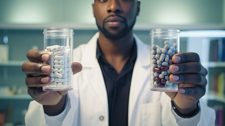 Black doctor african theme standing and recommending pills for loosing weight, Natural light, Close-up perspective.の素材