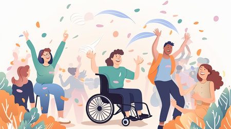 Group of people with disabilities are happy Have fun with activities. Watercolor style.の素材