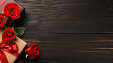 Love and Valentine's day concept made from red rose and gift box on black wooden background. Top view with copy space, flat lay.の素材
