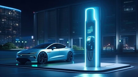 Alternative energy for smart car concept,EV vehicle charging station for electric car futuristic charger power cable and plug supply to car green energy and eco power sustainable source technology.の素材