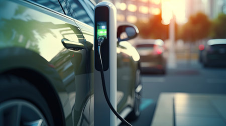 Electric Car EV battery charging station charging in car port, efficient sustainable eco environmental power energy fueling industry of eclectic vehicle car transportation.の素材