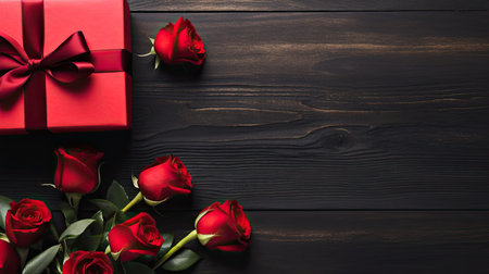 Love and Valentine's day concept made from red rose and gift box on black wooden background. Top view with copy space, flat lay.の素材