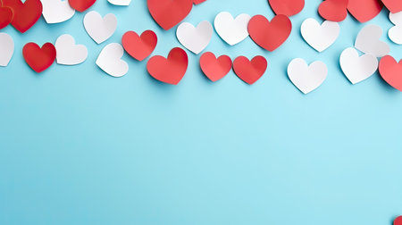 Top view photo of pink and red origami paper hearts on isolated pastel pink background with blank space, Generative AI.の素材