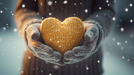 Female hands in knitted mittens with knitted heart on a snowy winter day.の素材