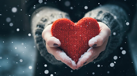 Female hands in knitted mittens with knitted heart on a snowy winter day.の素材