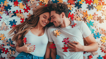 Happy couple sitting on jigsaw puzzles hugging. Smiling man and woman embrace find love together. Relationship and affection.の素材